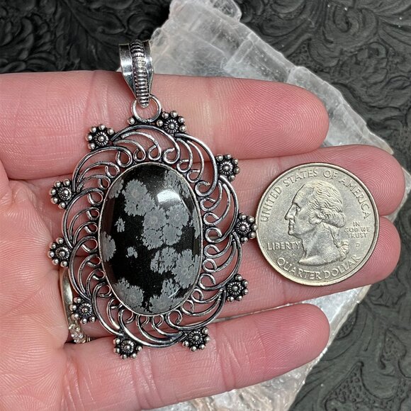 Snowflake Obsidian Floral Pendant Stone Crystal Jewelry - Picture 5 of 7